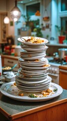 A stack of plates sitting on top of a kitchen counter
