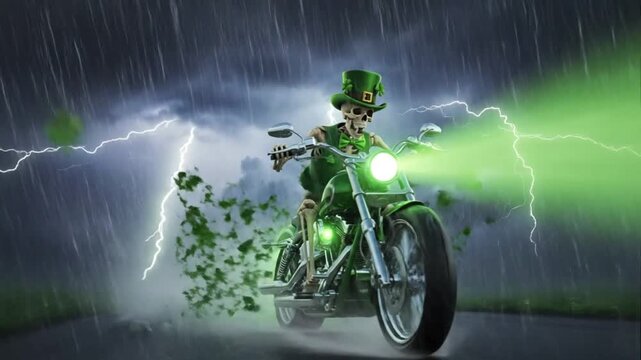 Skeleton Leprechaun Rider on Green Motorcycle Thunderstorm Lightning