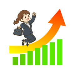 上昇するグラフと矢印の上をジャンプする笑顔のビジネスウーマンのベクターイラスト｜成功・ステップアップイメージ