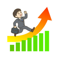 上昇するグラフと矢印の上をジャンプする笑顔のビジネスマンのベクターイラスト｜成長・飛躍イメージ