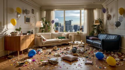 A living room filled with lots of balloons and confetti