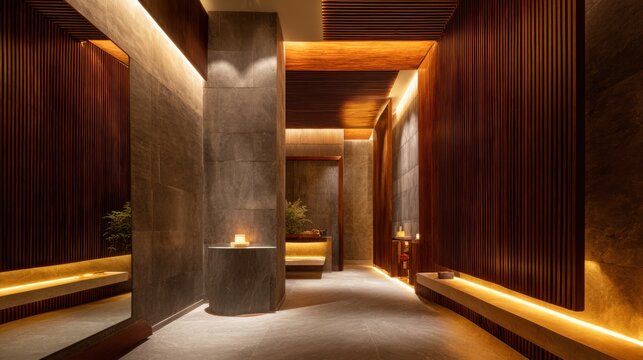 Luxury spa interior in Singapore with natural stone, warm wood, soft indirect lighting, minimal zen atmosphere, premium wellness and relaxation