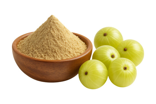 Amla powder in a wooden bowl with fresh amla fruits on transparent background