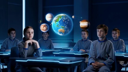 Students learn about planets in a classroom using digital displays in a space-themed lesson - Powered by Adobe