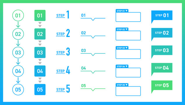 業務フローや操作手順に使えるステップUI素材｜STEP01&ndash;05 横並び 図解 ベクター