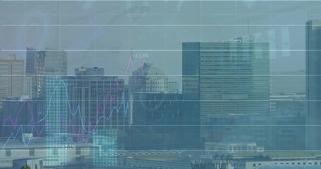 Animation of data processing and diagram over cityscape - Powered by Adobe