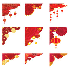 Chinese New Year corner decoration set. Vector red oriental cloud and lantern border elements for holiday festive design isolated on white © nguyenhuu