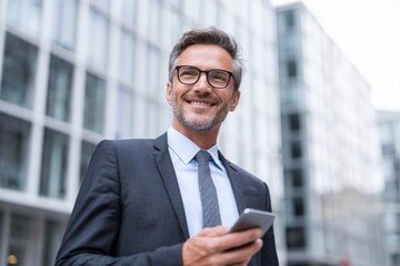 Fototapeta premium Confident businessman using smartphone in city business communication and technology.