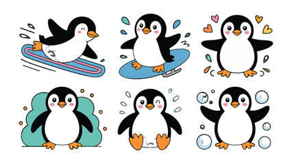 Obraz premium Whimsical Penguin Collection: A delightful compilation of animated penguins, each expressing unique emotions and engaging in playful activities, radiating cheerfulness and charm.