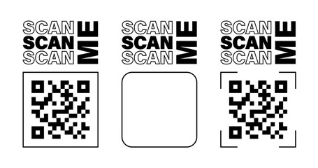 Scan me frame. Labels for QR code. Icons with CTA. Barcode box designs for payment, website, mobile app, business card, discount, menu. Black vector illustration isolated on a white background.
