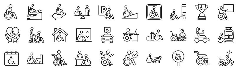 Set of 30 outline icons related to wheelchair. Linear icon collection. Editable stroke. Vector illustration