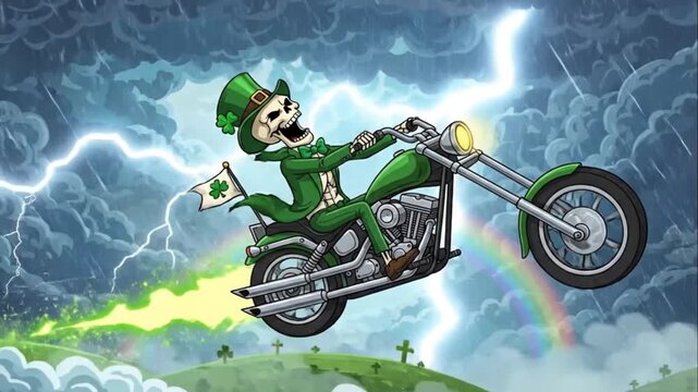 St Patricks Day Skeleton Biker Riding Motorcycle in Stormy Sky