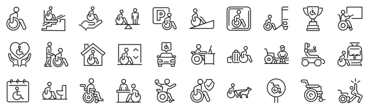 Set of 30 outline icons related to wheelchair. Linear icon collection. Editable stroke. Vector illustration