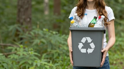 A woman holding a recycling bin in a forest with plastic bottles and cans for eco-friendly waste management