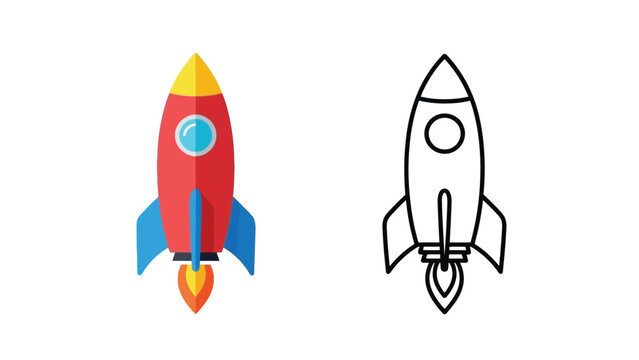 a colorful rocket and a simple line drawing rocket ship