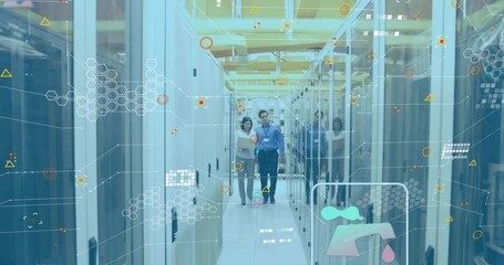Animation of financial data processing over diverse it engineers and computer severs - Powered by Adobe