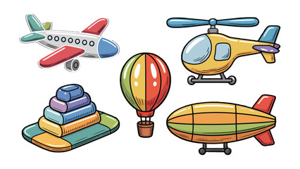 Whimsical Wonders: A vibrant collection of toys, including a plane, a helicopter, a pyramid, a hot air balloon, and a zeppelin. This assortment of delightful objects stimulates imagination. © AJM