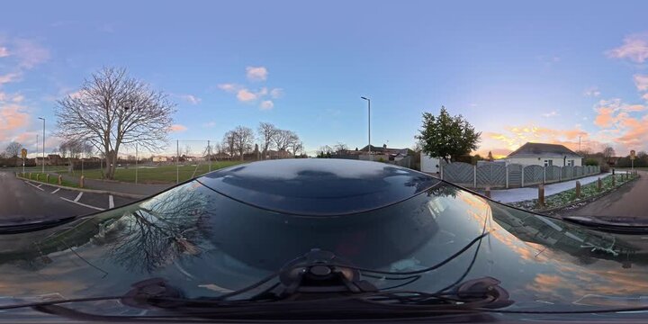 Luton City Streets Tour on Car During Cold Sunny Evening and During Sunset on 3rd January, 2026. Low and Ultra Wide Angle 360 Panoramic Car Mounted 360 Camera Footage of British Buildings and Roads