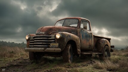 old diesel pickup truck covered in mud, rural countryside, cloudy sky, working vehicle mood, worn paint, cinematic realism