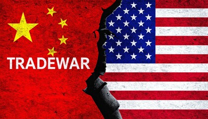 China–US flags split by crack with "TRADEWAR" text