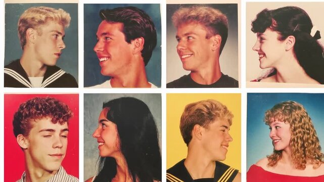 Grid of rotating student portraits on colourful backgrounds creates nostalgic yearbook animation that highlights diversity youth identity and school community memories in playful motion