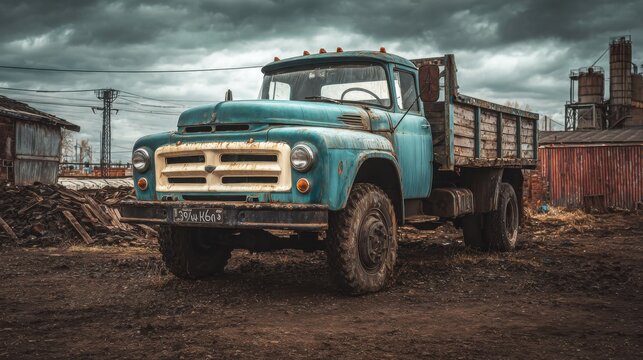 old soviet era diesel truck parked near abandoned factory, overcast sky, industrial decay atmosphere, realistic photo