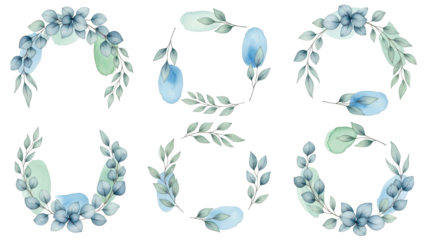 Set of Watercolor floral frame templates. Blue eucalyptus, greenery branches, leaves and abstract washes. Cut out hand drawn PNG illustration on transparent background. Isolated clipart.