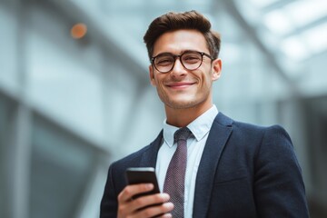 Fototapeta premium Confident businessman using smartphone in city business communication and technology.