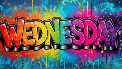 Vibrant multicolored wednesday word art with paint splatters background