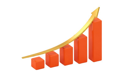 Orange bar graph with golden arrow isolated PNG, business growth chart for financial success and market analysis on transparent background