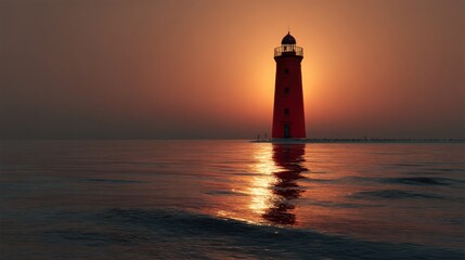Single red lighthouse standing near open sea at dramatic sunset, glowing sky, strong contrast between structure and water, minimalistic maritime