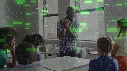 Binary code animation over teacher explaining concept to students in classroom - Powered by Adobe