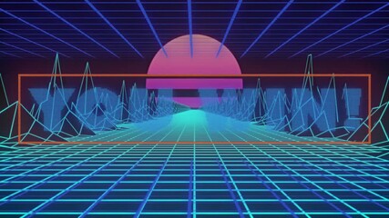 Animation of retro futuristic grid landscape with neon lines and large pink sun - Powered by Adobe