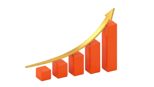 Orange bar graph with golden arrow isolated PNG, business growth chart for financial success and market analysis on transparent background - Powered by Adobe
