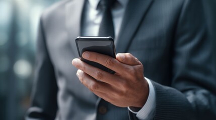 Confident businessman using smartphone in city business communication and technology.