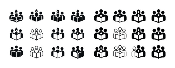 Set of book club icons in various styles and configurations