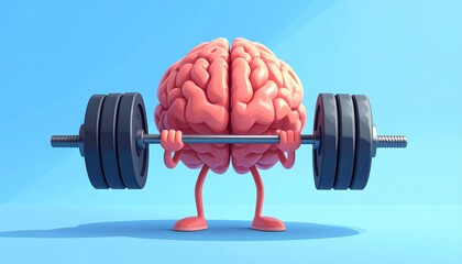 Cartoon brain lifting barbell on light blue background symbolizing mental strength and cognitive fitness