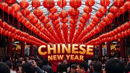 A wide shot of numerous red Chinese lanterns hanging over a crowded street during Lunar New Year celebrations, symbolizing luck and prosperity.