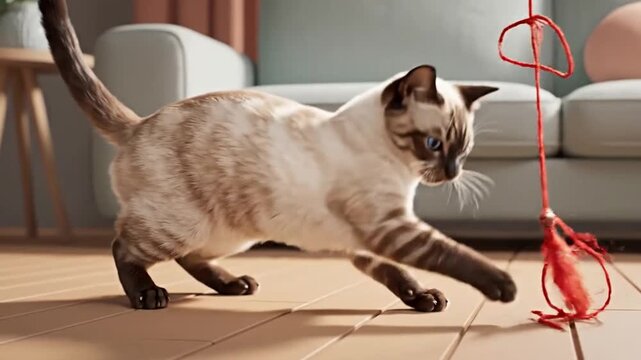 Playful Siamese Cat Plays with Red String Toy in Living Room.