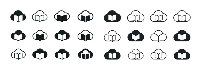 Cloud and book icons collection in black and white variations