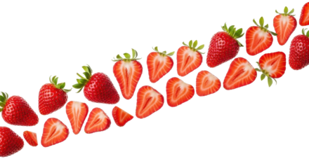 Vibrant red whole and sliced strawberries in clean, structured, floating clusters on a stark white background, studio lit, focus stacked. Concept of ingredient transparency.