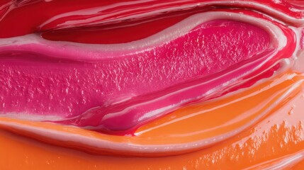 Vibrant abstract pastry with bold pink orange and red glaze, smooth high gloss surface, joyful dopamine color palette, modern dessert art object