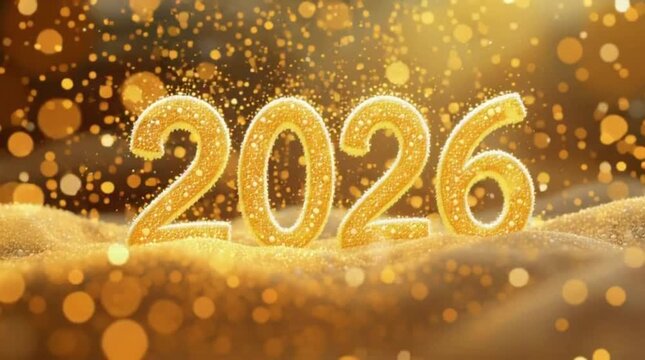 The number 2026 is gradually revealed by snow-like golden particles floating through the air, creating a serene celebratory atmosphere