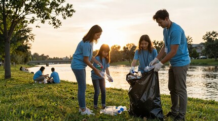 A group of people in blue shirts collecting trash in a park by a lake at sunset