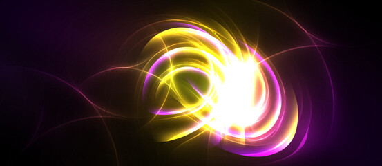 Obraz premium Bright abstract swirls, luminous yellow center radiates outward. Purple, pink hues blend into darkness. Dynamic energy flows.
