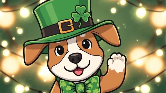 Cute St Patricks Day Puppy Cartoon with Leprechaun Hat and Bokeh Lights