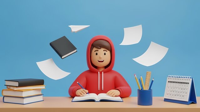 赤いパーカーの学生は明るい部屋で勉強に励む