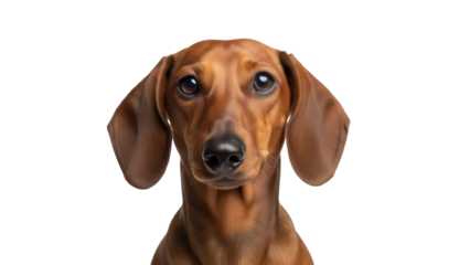 Adorable brown dachshund dog portrait isolated PNG, cute puppy with floppy ears on transparent background for pet-related designs
