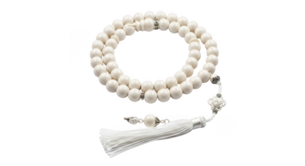 White prayer beads with silver accents and tassel on background isolated on a transparent background