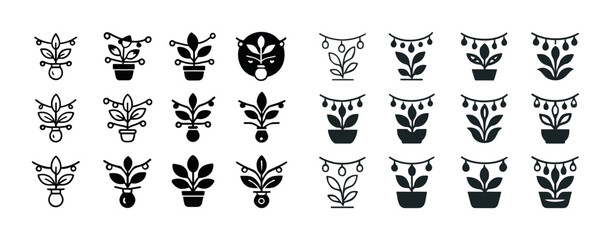Set of black and white potted plant icons with variations